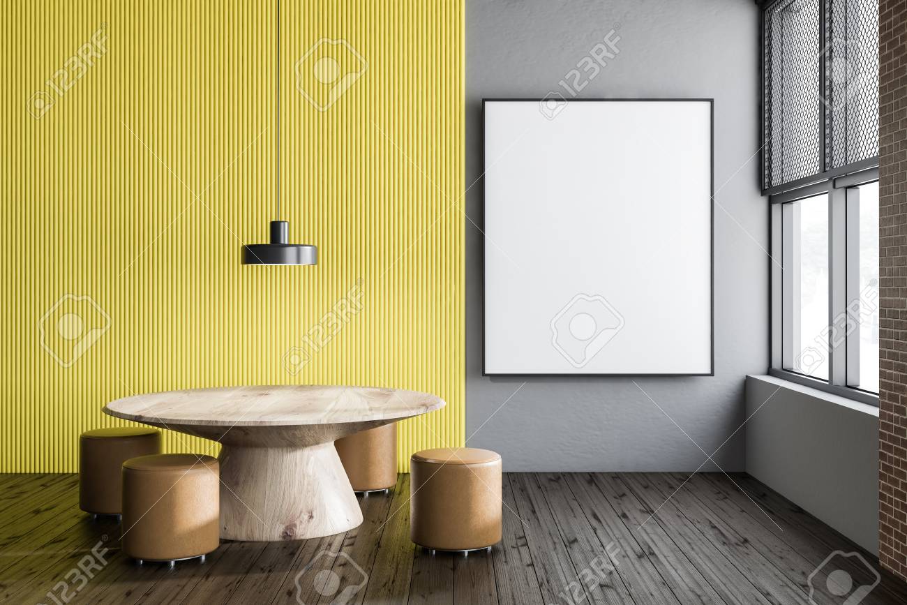 Interior of dining room with gray and yellow walls, wooden floor.. Interior of dining room with gray and yellow walls, wooden floor..