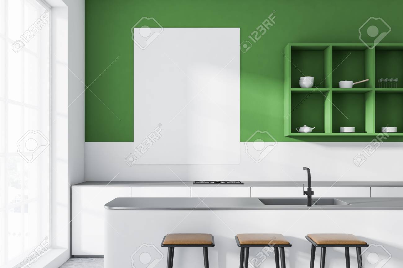 Interior Of Modern Kitchen With Green Walls Concrete Floor