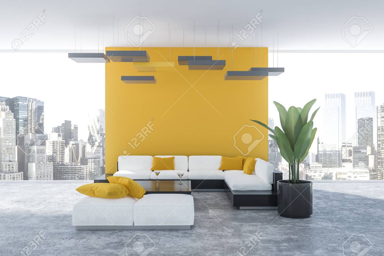 Interior Of Modern Living Room With Yellow Walls Concrete Floor