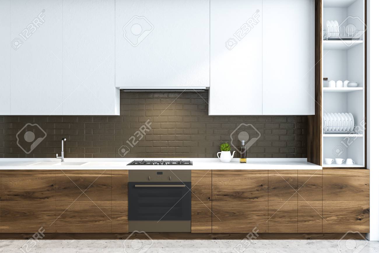 Interior Of Modern Kitchen With Black Brick Walls Concrete Floor