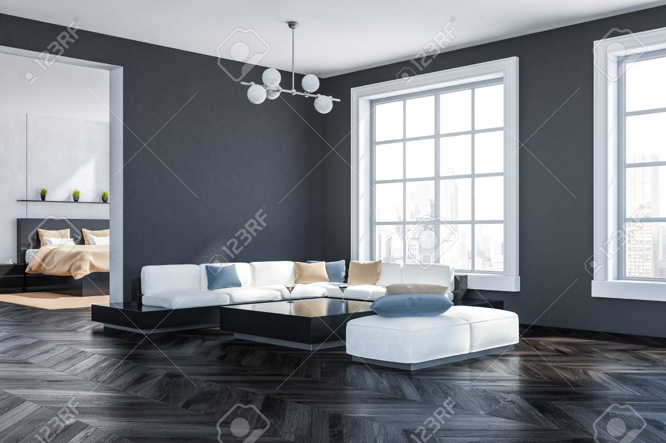 Corner Of Living Room With Gray Walls Dark Wooden Floor Big