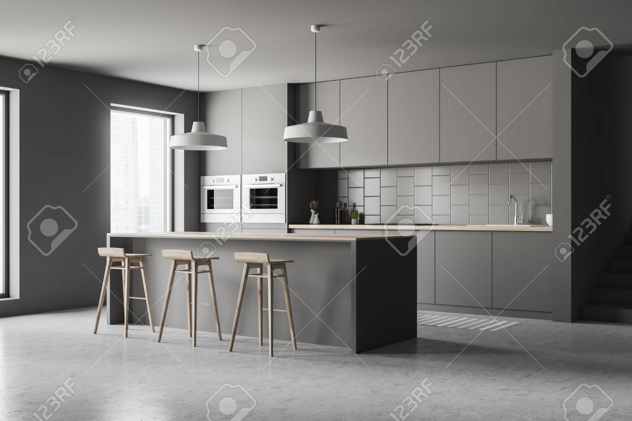 Corner Of Modern Kitchen With Gray Walls Concrete Floor Gray