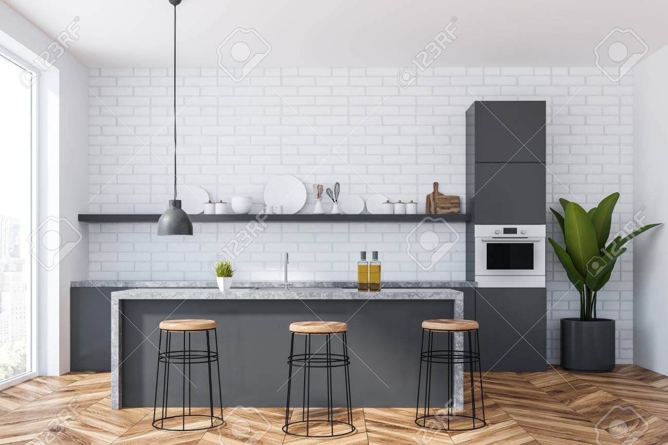 Interior Of Kitchen With White Brick Walls Wooden Floor Panoramic Stock Photo Picture And Royalty Free Image Image 115171602