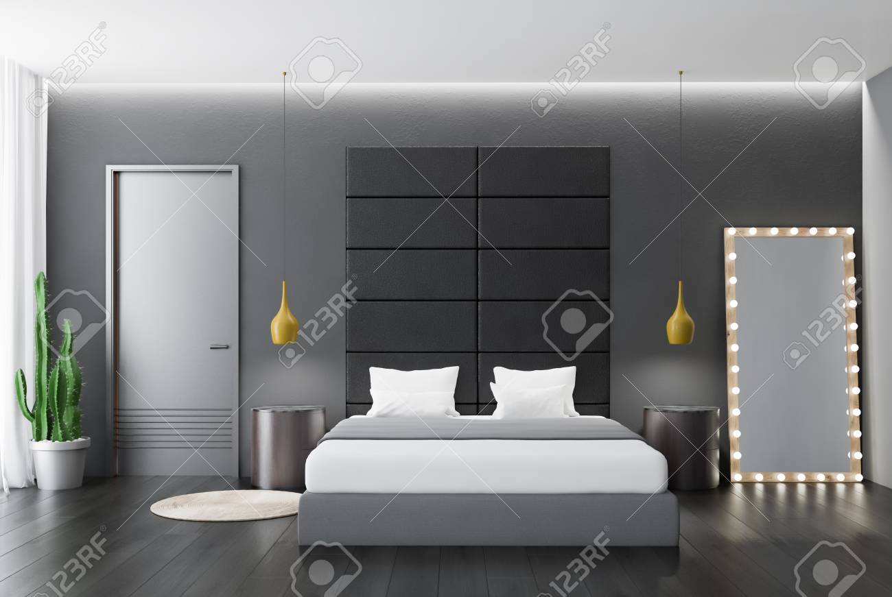 Interior Of Bedroom With Gray Walls Dark Wooden Floor Gray