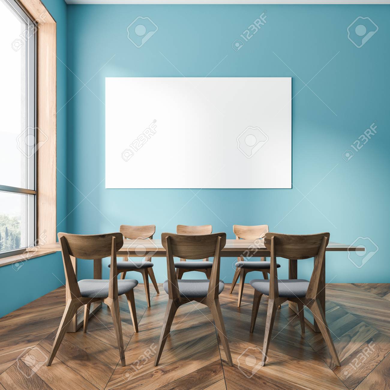Interior Of Dining Room With Blue Walls Wooden Floor