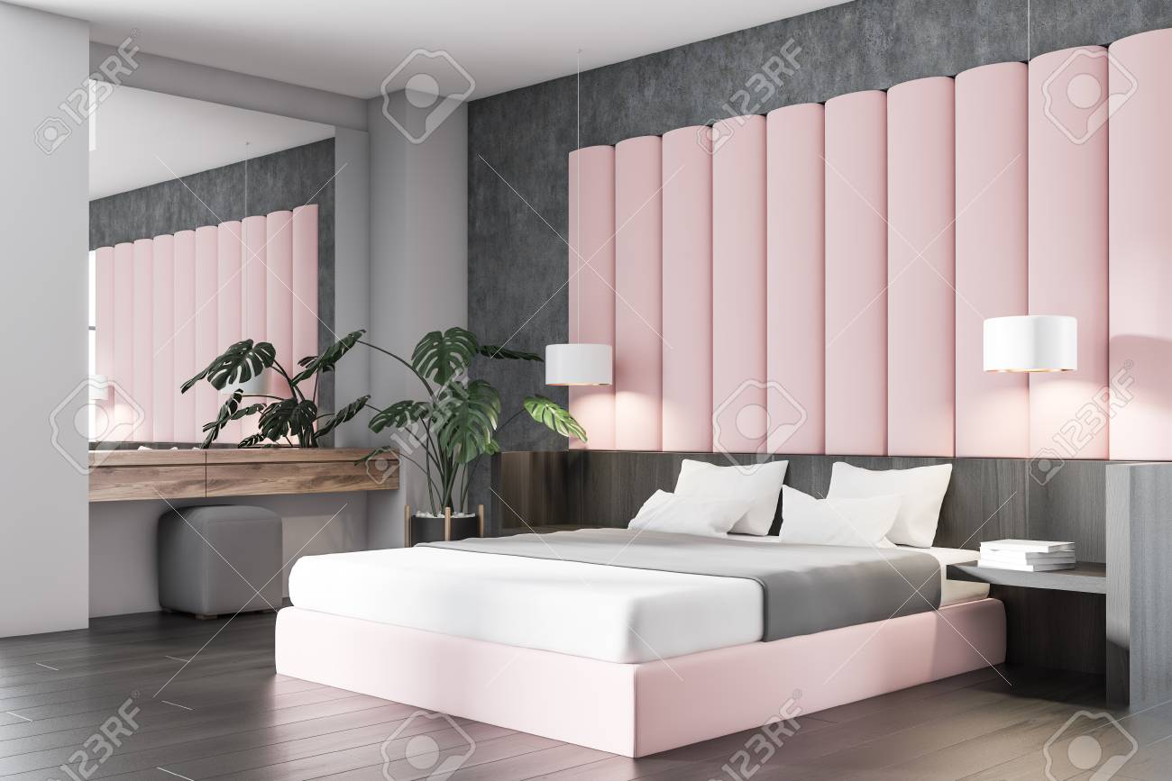 Corner Of Stylish Bedroom With Concrete Gray And Pink Walls