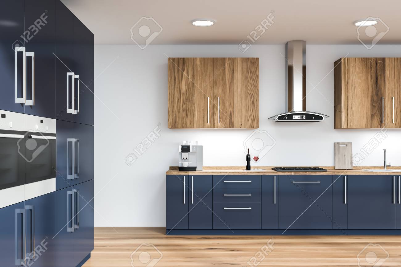 Interior Of Modern Kitchen With White Walls Wooden Floor Blue