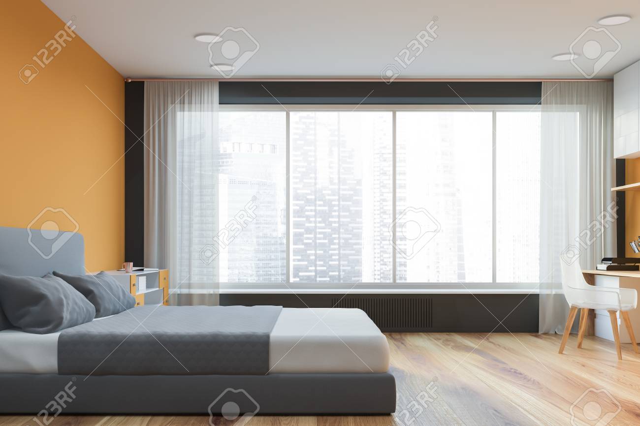 Side View Of Modern Bedroom With Yellow And Gray Walls Wooden