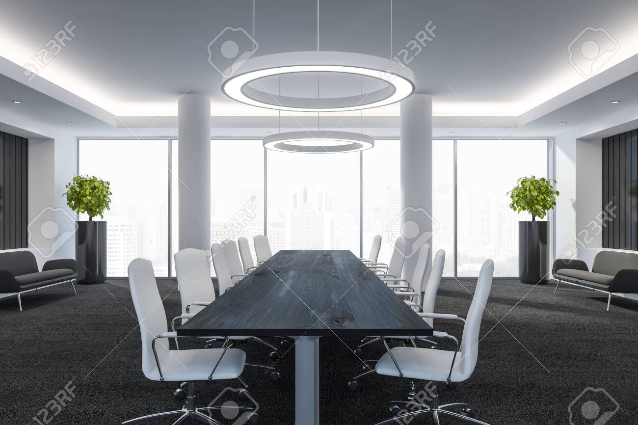 Modern conference room with furniture, big windows and city view 3D Render - 119443924 Modern conference room with furniture, big windows and city view 3D Render - 119443924