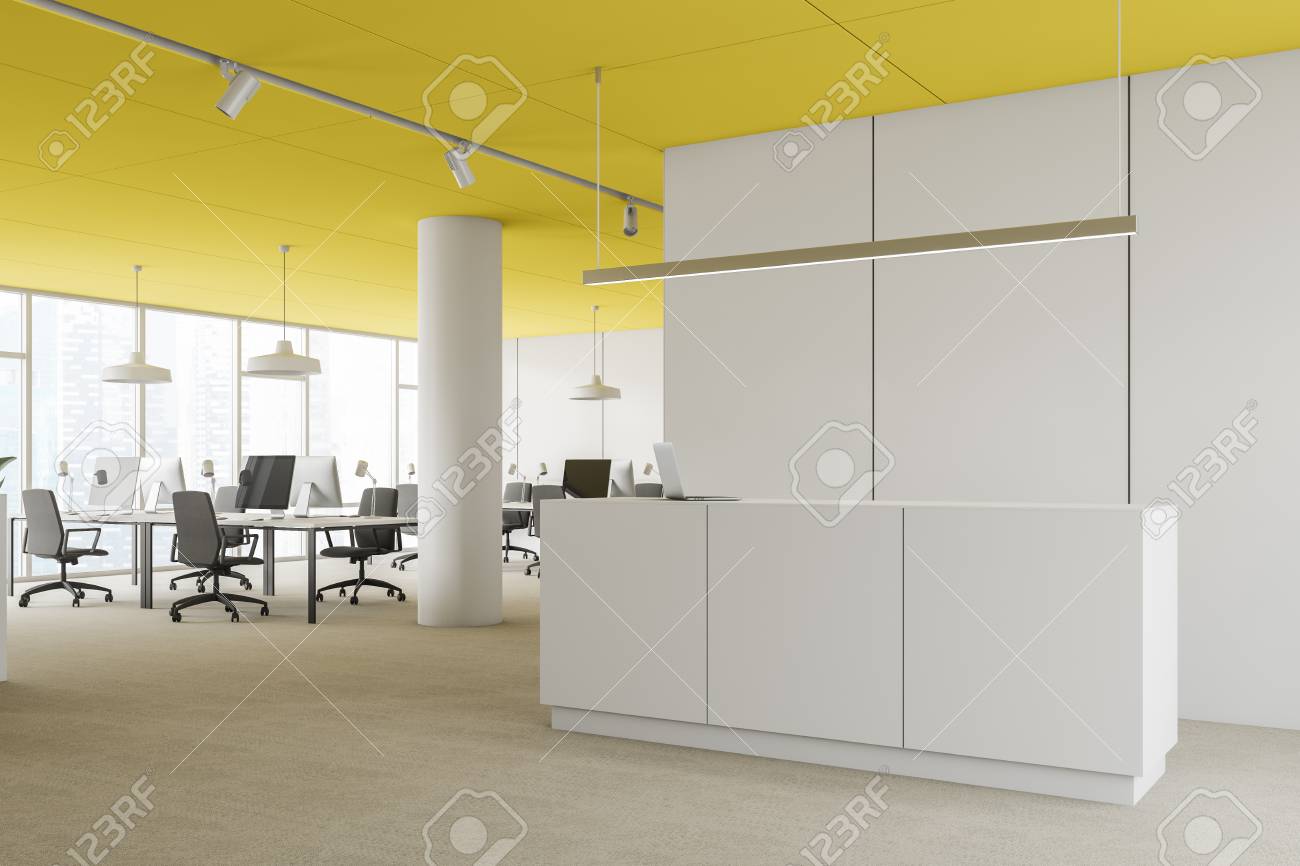 Corner Of Modern Office With White Walls Yellow Ceiling Open