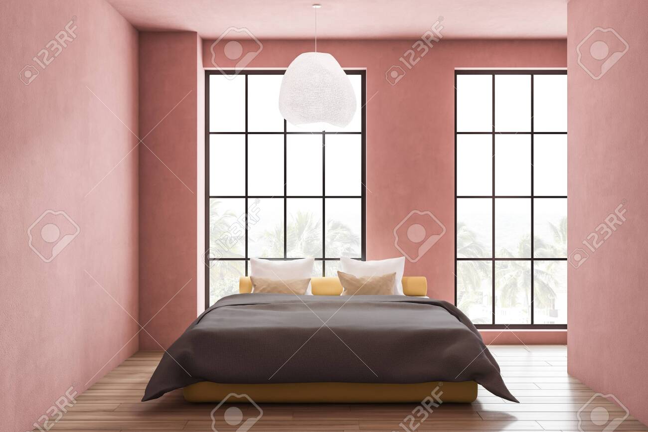 Interior Of Stylish Bedroom With Pink Walls Wooden Floor Large