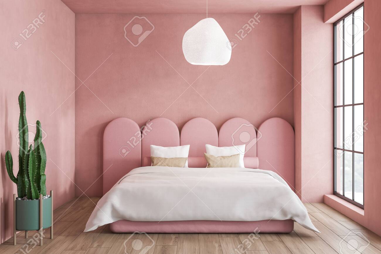 Interior Of Minimalistic Bedroom With Pink Walls Wooden Floor