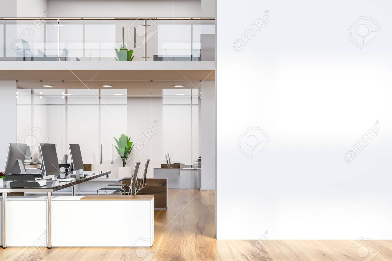 Interior Of Two Floor Office With White Walls Rows Of Black