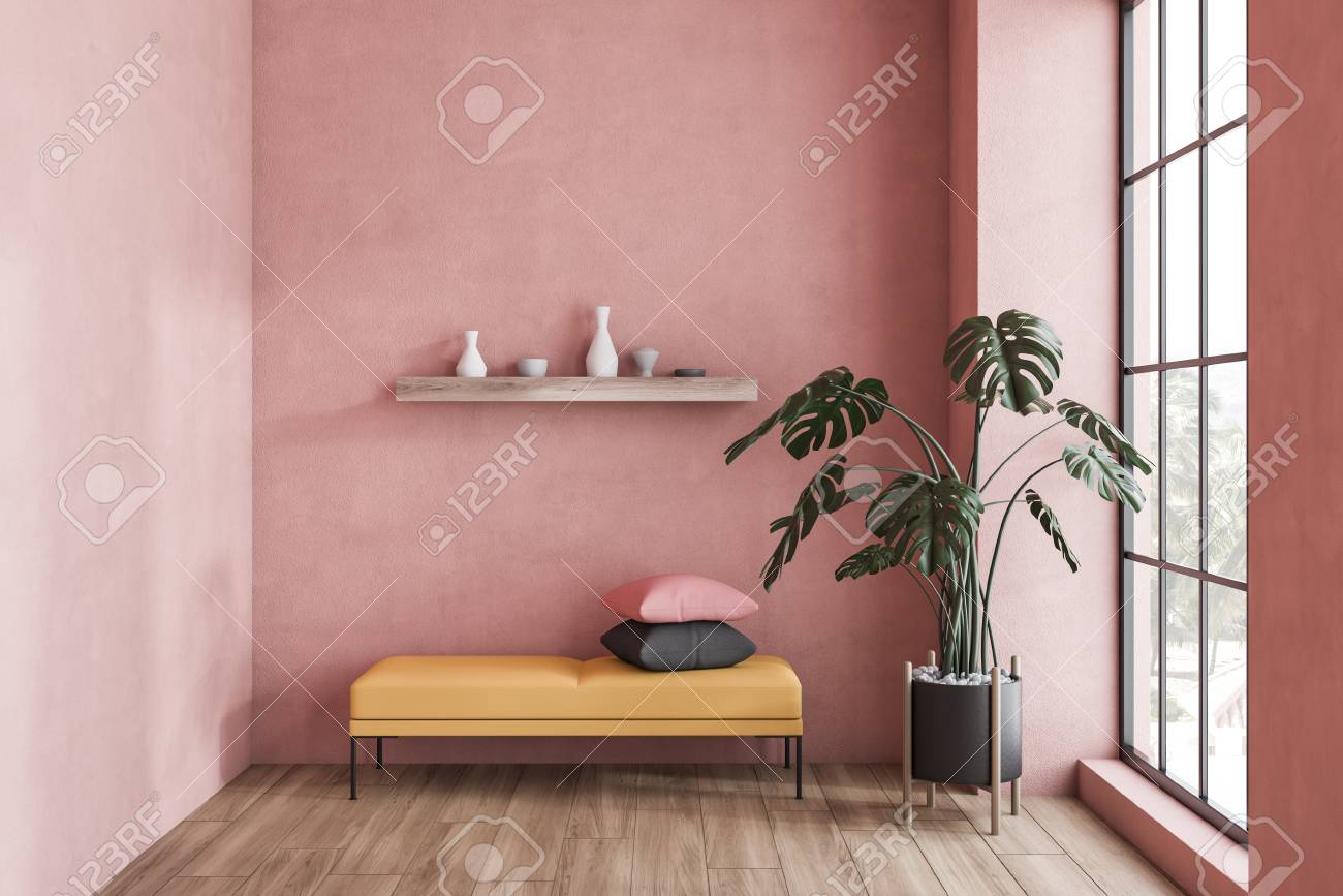 Minimalistic Pink Living Room Interior With Wooden Floor Tall