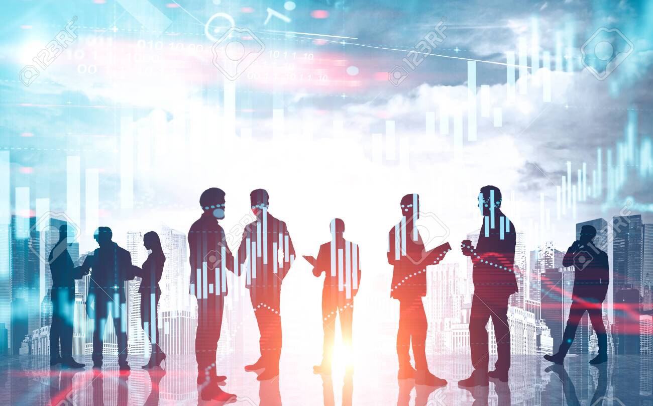 Diverse business team over cityscape background with forex graphs. Concept of financial market. Toned image double exposure - 120984177 Diverse business team over cityscape background with forex graphs. Concept of financial market. Toned image double exposure - 120984177