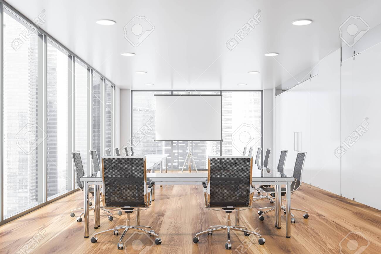 Interior Of Panoramic Conference Room With Cityscape Wooden
