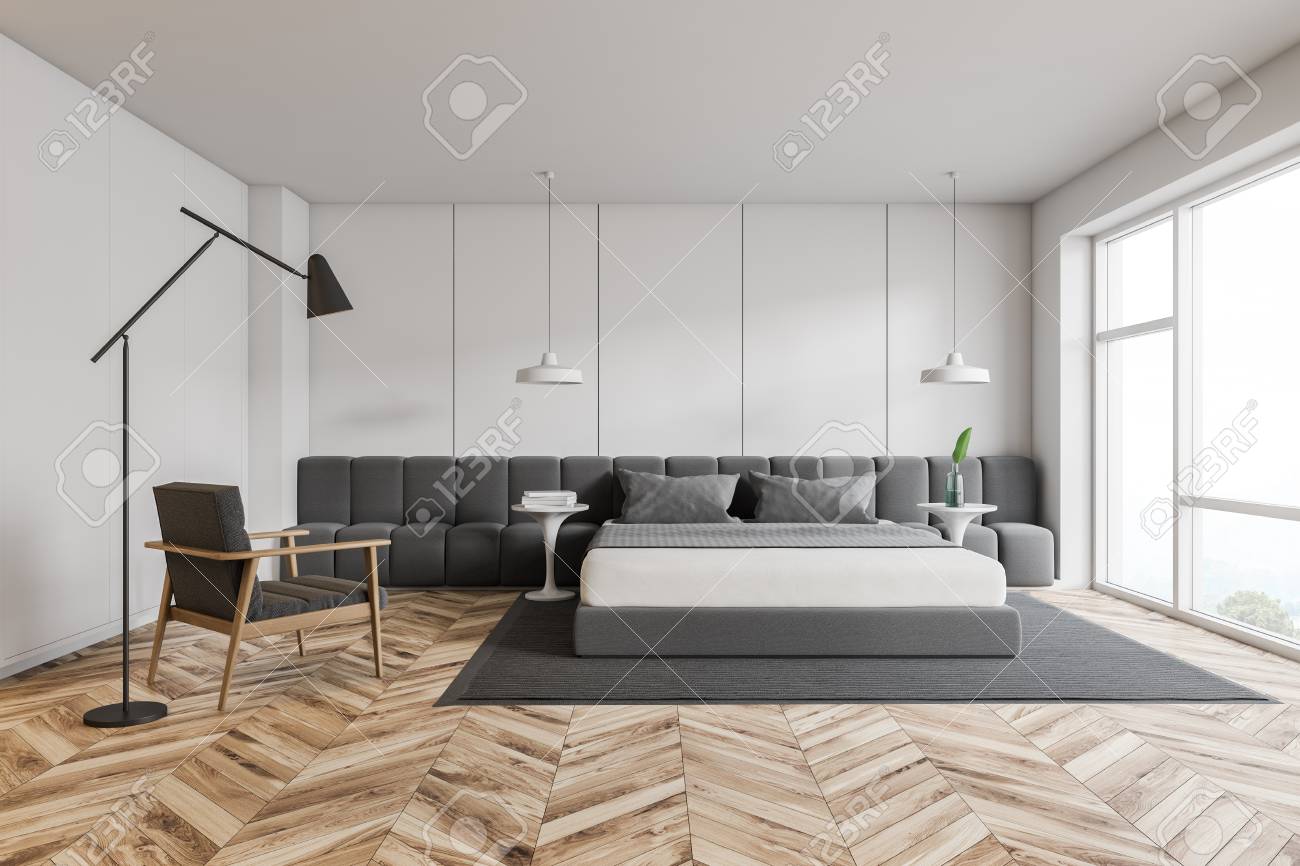 Interior Of Loft Bedroom With White Walls Wooden Floor Master Stock Photo Picture And Royalty Free Image Image 122048056