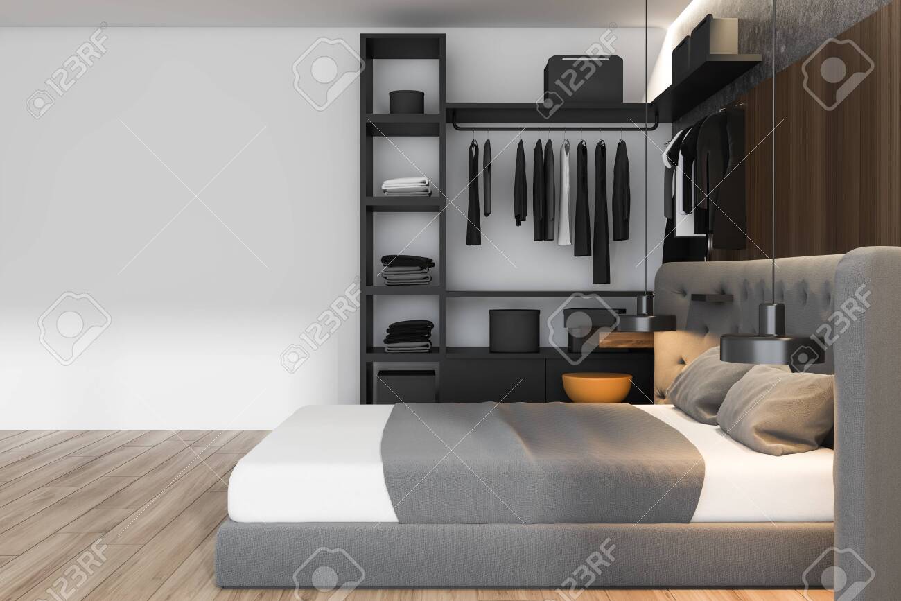 Interior Of Master Bedroom With White And Wooden Walls Wooden Stock Photo Picture And Royalty Free Image Image 122961980