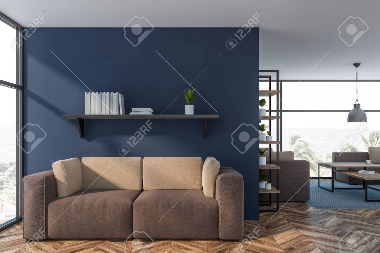 Luxury Living Room Or Office Lounge Interior With Dark Blue Walls