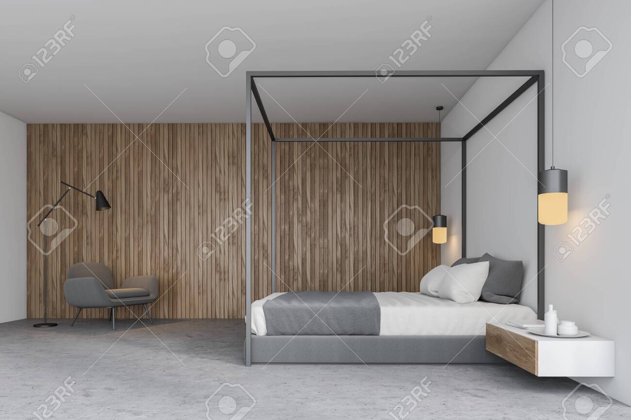 Side View Of Scandinavian Style Bedroom With White And Wooden Stock Photo Picture And Royalty Free Image Image 123580900
