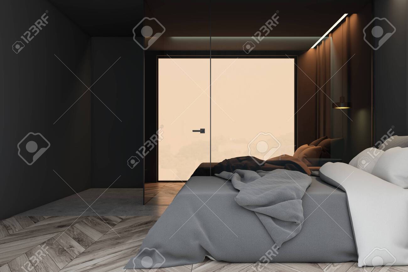 Interior Of Modern Bedroom With Gray Walls Wooden And Concrete