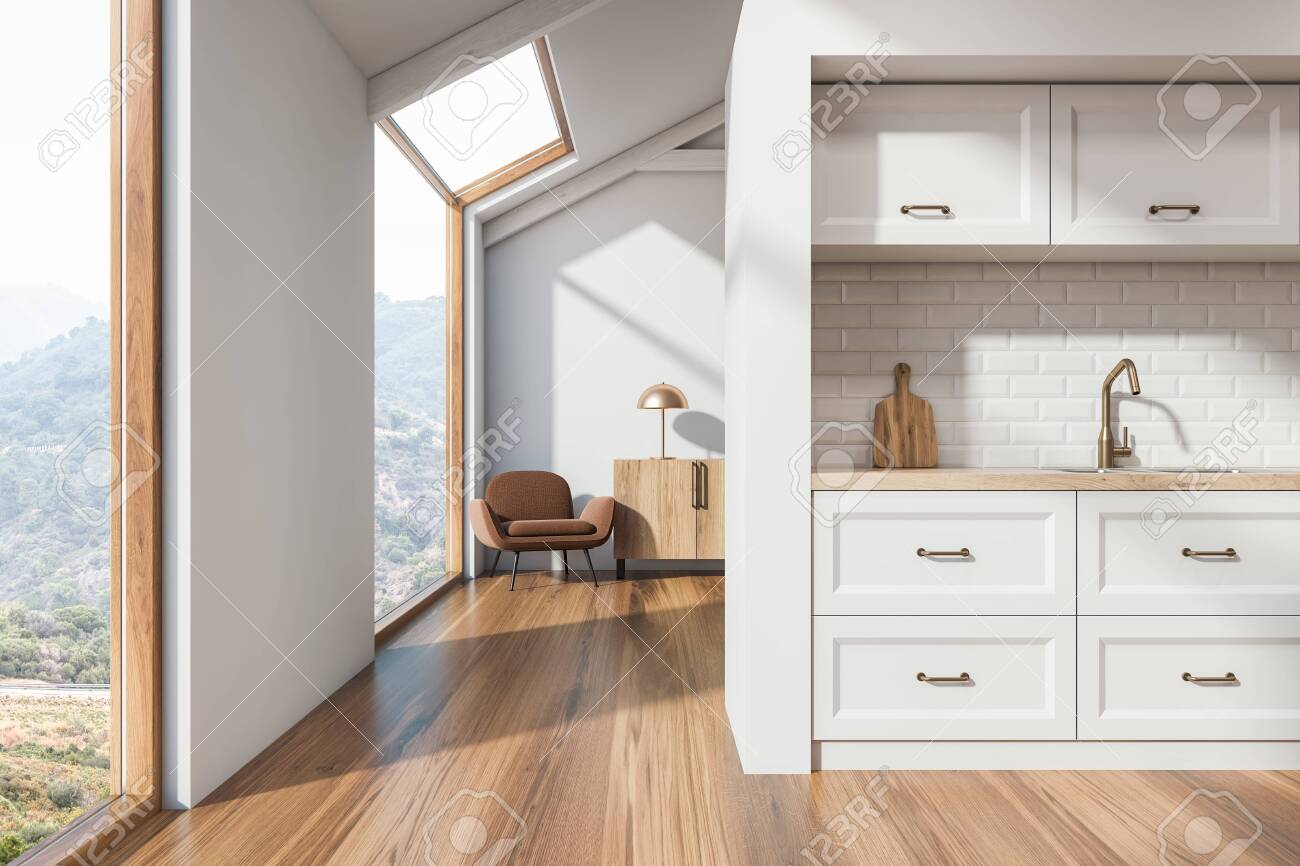 Interior Of Scandinavian Kitchen With White Walls Wooden Floor