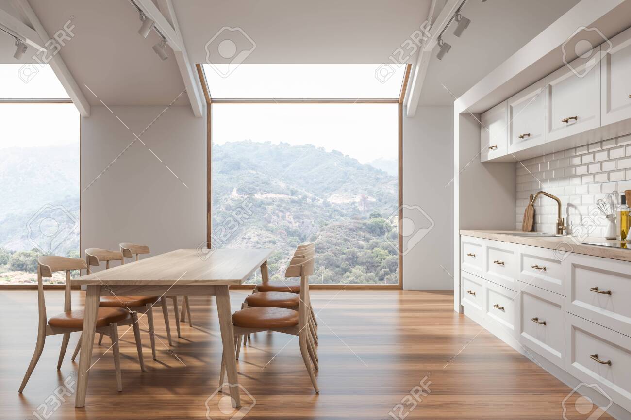 Side View Of Scandinavian Kitchen With White Walls Wooden Floor