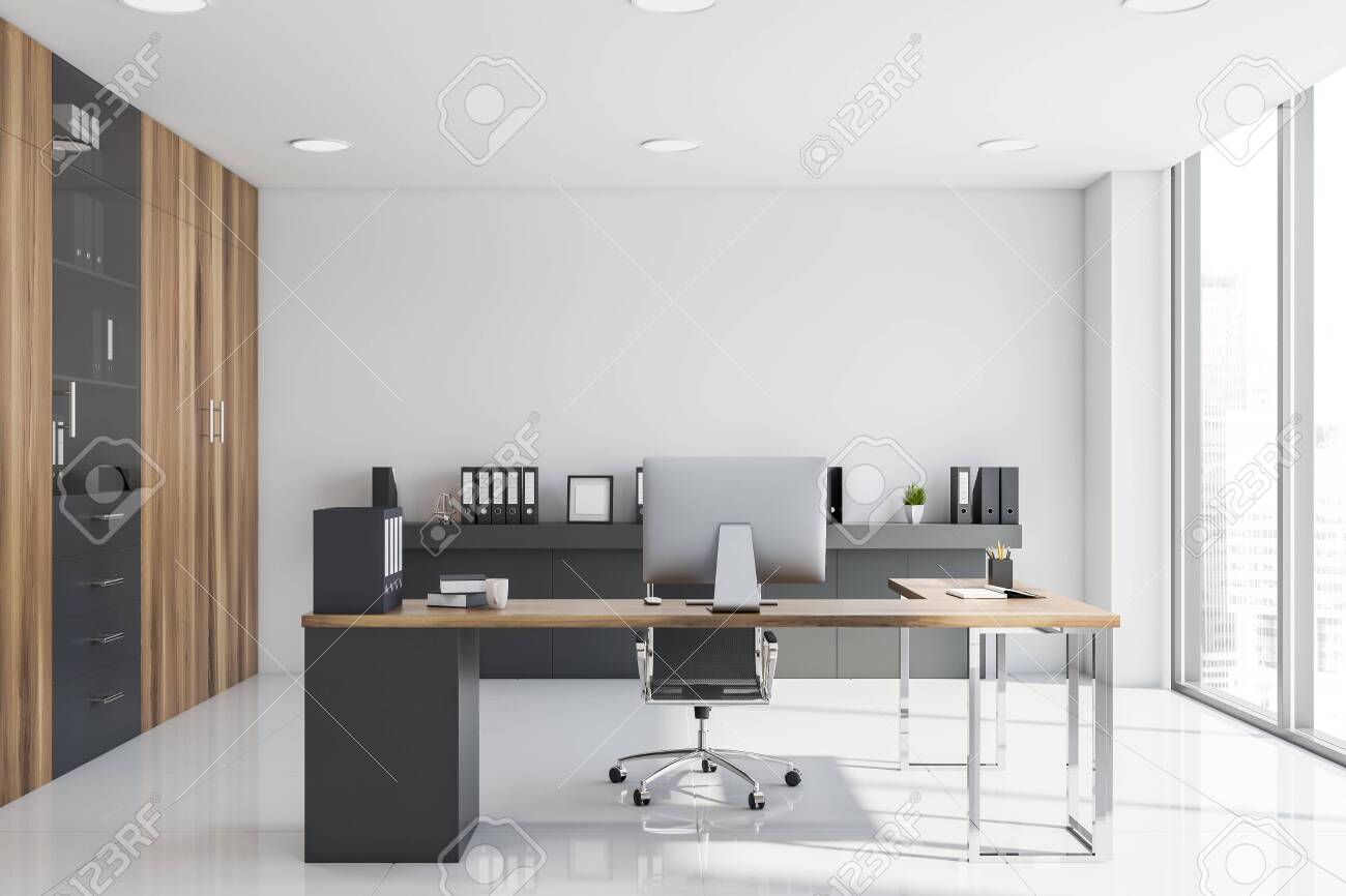 Interior Of CEO Office With White Walls, Tiled Floor, Gray And - Interior Of CEO Office With White Walls, Tiled Floor, Gray And