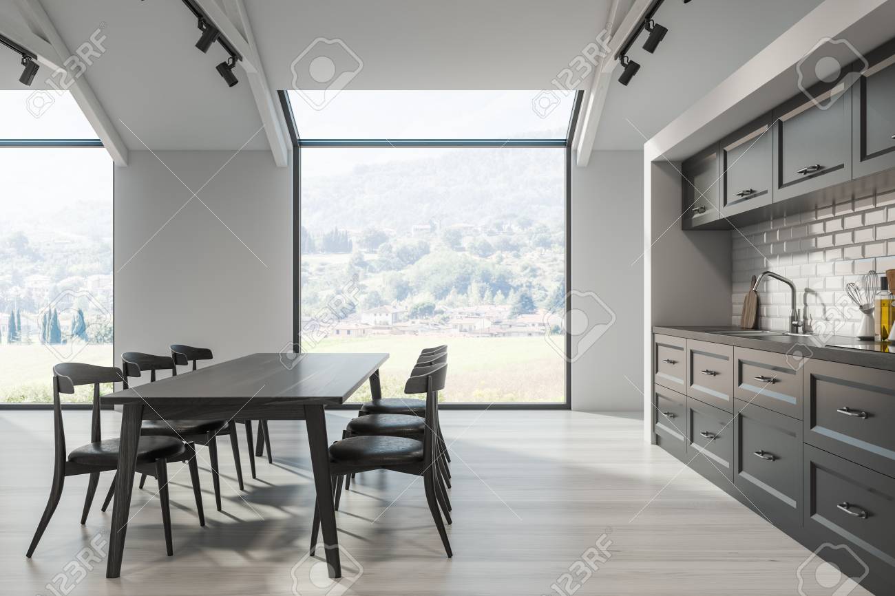 Side View Of Scandinavian Kitchen With White Walls White Wooden