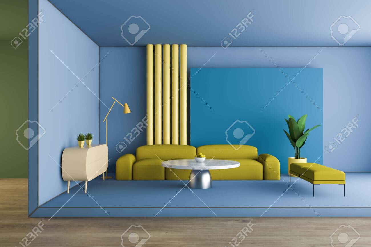 Bright Interior Of Living Room With Blue Walls And Floor Yellow Stock Photo Picture And Royalty Free Image Image 124974524