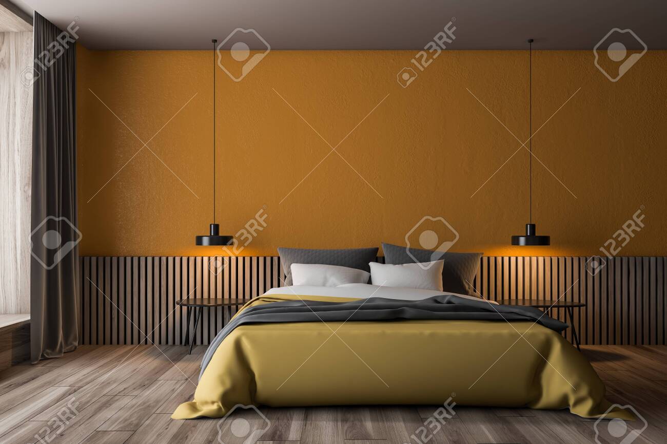 Interior Of Modern Bedroom With Yellow Walls, Wooden Floor, Master Bed With  Yellow Blanket And Two Black Bedside Tables. 3d Rendering Stock Photo,  Picture and Royalty Free Image. Image 125936764., image size:1300x867