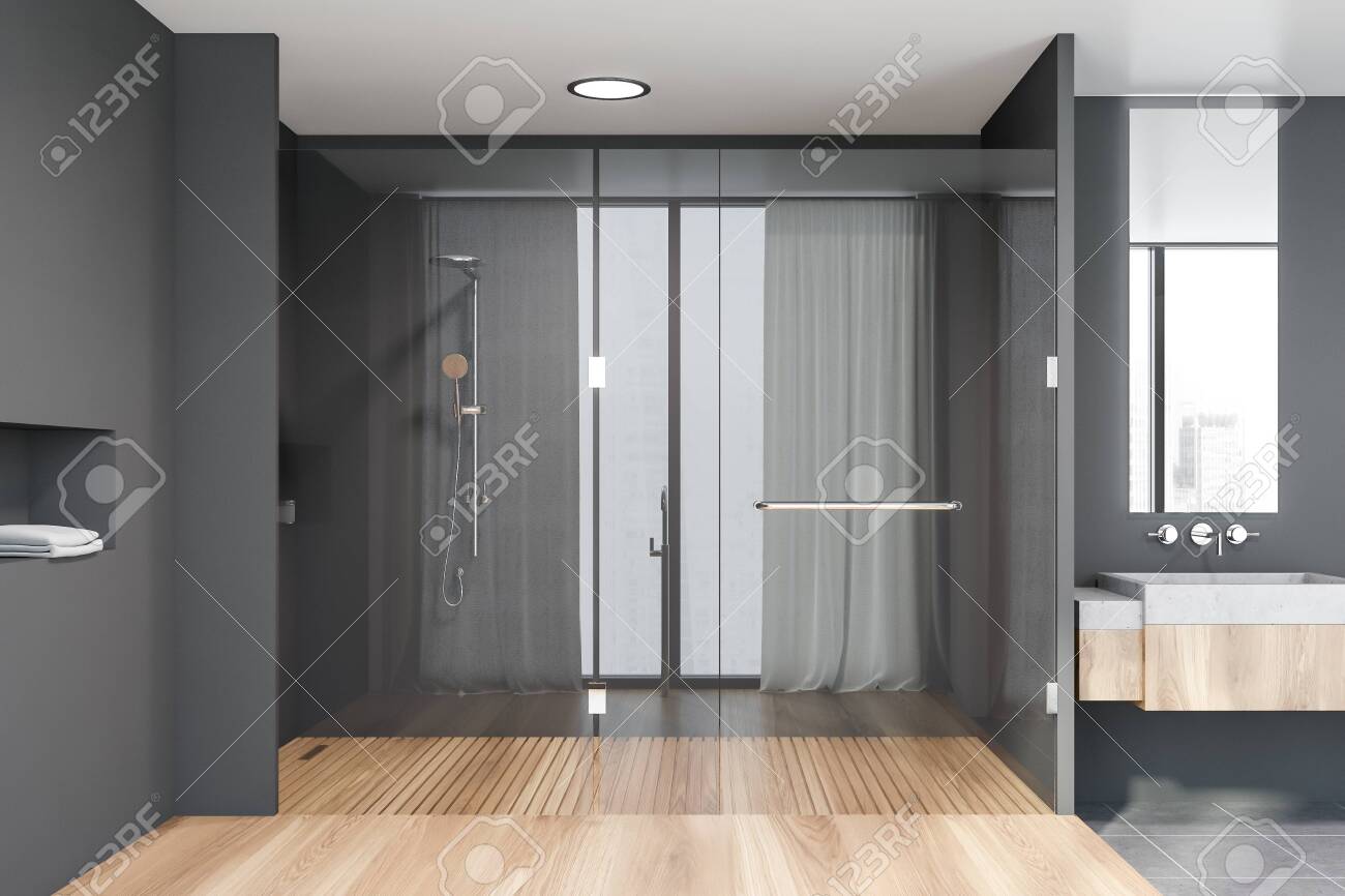 Interior Of Stylish Bathroom With Gray Walls Tiled And Wooden Stock Photo Picture And Royalty Free Image Image 127364488