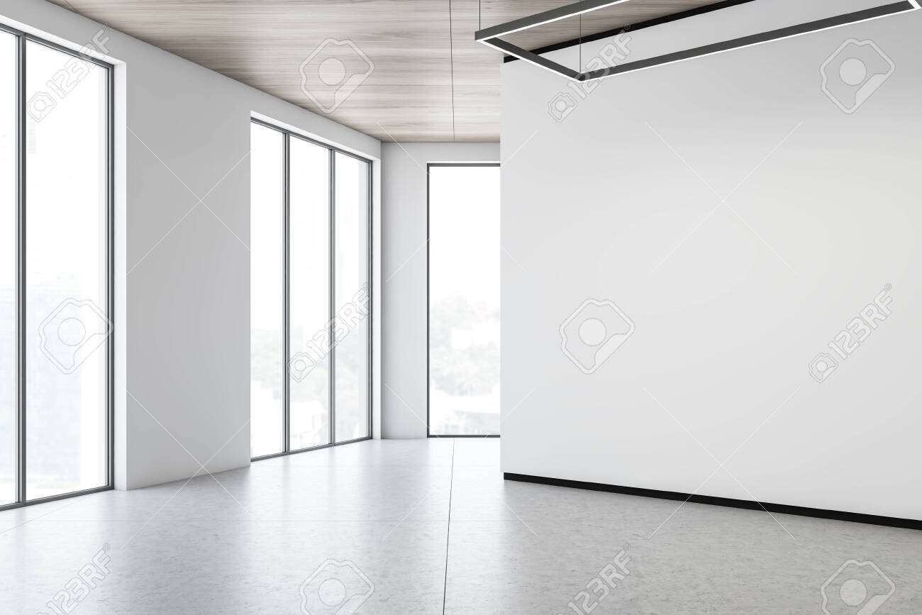 Corner Of Modern Gallery With Blank White Mock Up Wall, Concrete Floor,  Wooden Ceiling And Large Windows. Concept Of Advertising. 3d Rendering  Stock Photo, Picture and Royalty Free Image. Image 128412548.