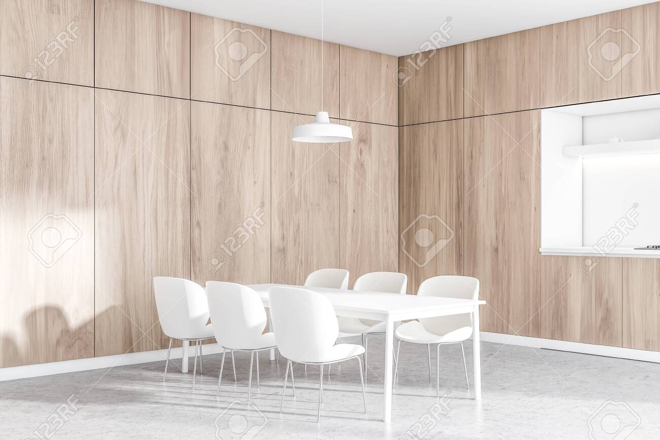 Interior Of Modern Dining Room With Wooden And White Walls Concrete