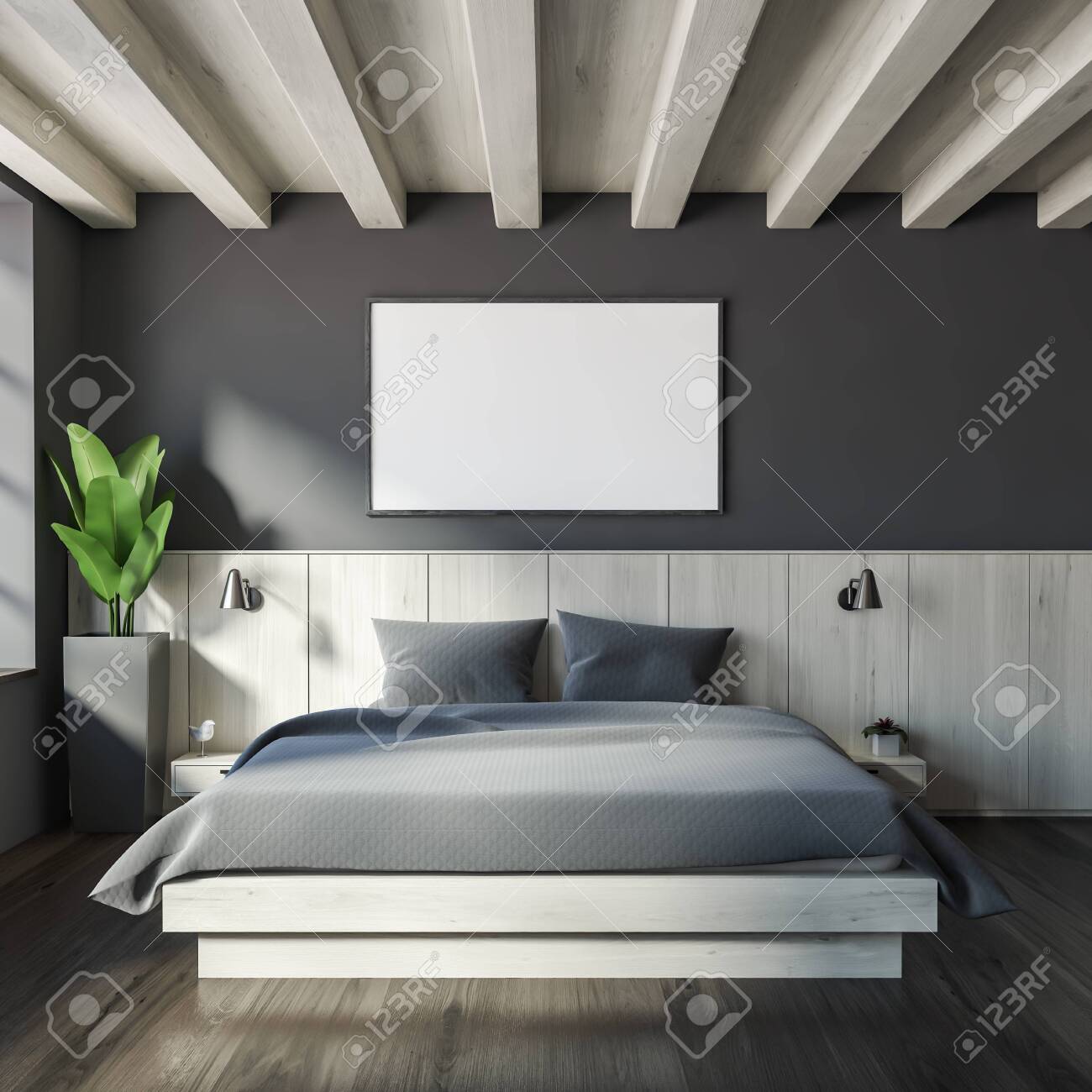 Interior Of Master Bedroom With Gray Walls, Dark Wooden Floor, Big Bed With  Two Bedside Tables And Horizontal Mock Up Poster. 3d Rendering Stock Photo,  Picture and Royalty Free Image. Image 128603914., image size:1300x1300