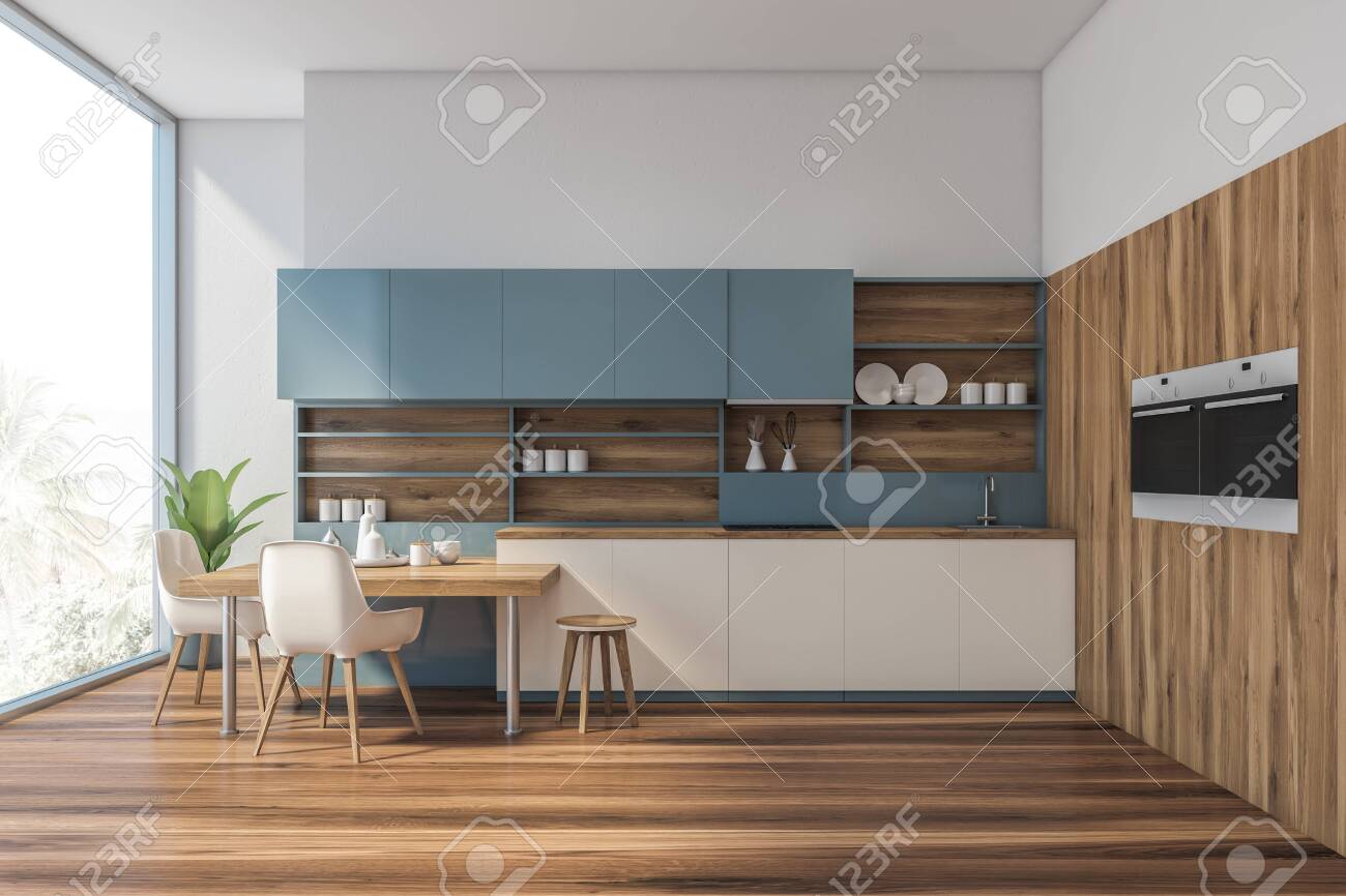 Interior Of Modern Kitchen With White Walls Wooden Floor White