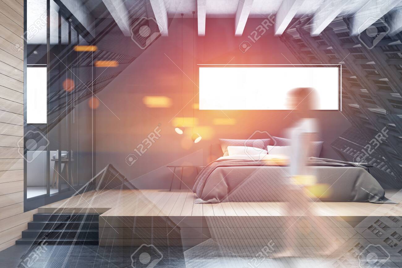 Woman Walking In Modern Bedroom Interior With Gray Walls Wooden