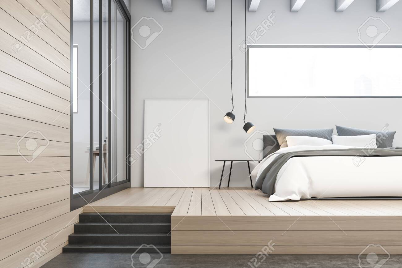 Interior Of Master Bedroom With White Walls Wooden Floor King