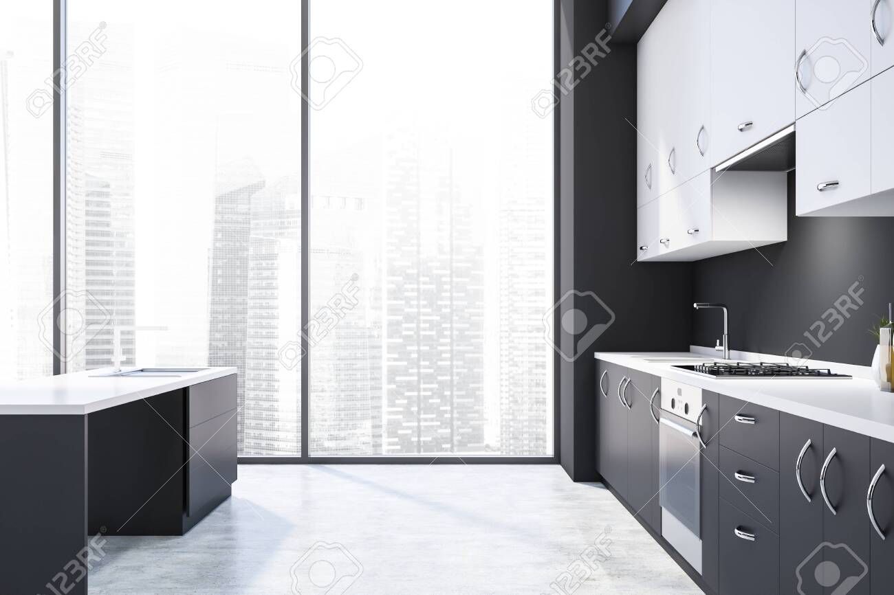 Side View Of Panoramic Kitchen With Dark Gray Walls Concrete