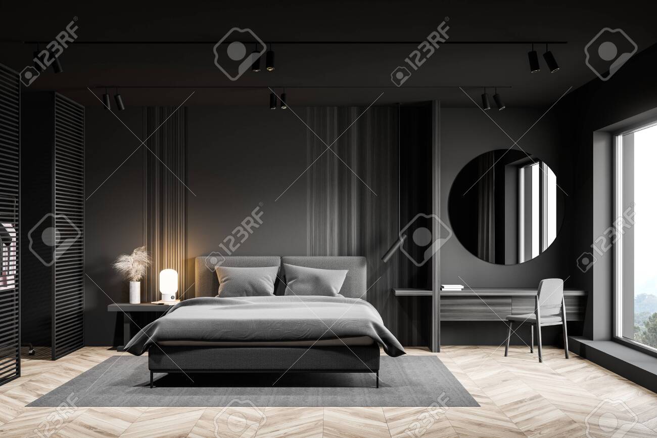 Interior Of Luxury Master Bedroom With Grey And Dark Wooden Walls, Wooden  Floor, Comfortable King Size Bed And Makeup Table With Round Mirror Above  It. 3d Rendering Stock Photo, Picture and Royalty, image size:1300x866