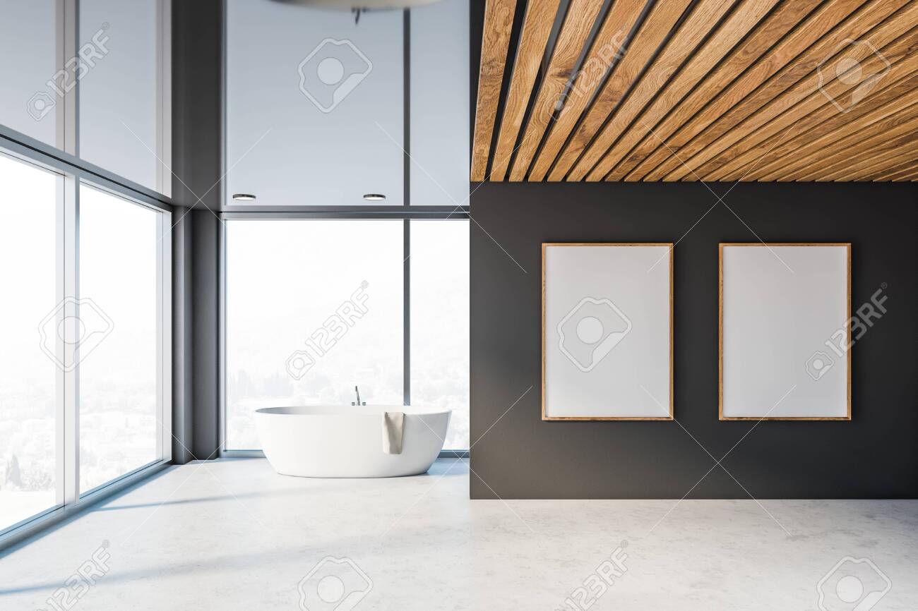 Interior Of Luxury Panoramic Bathroom With Grey Walls