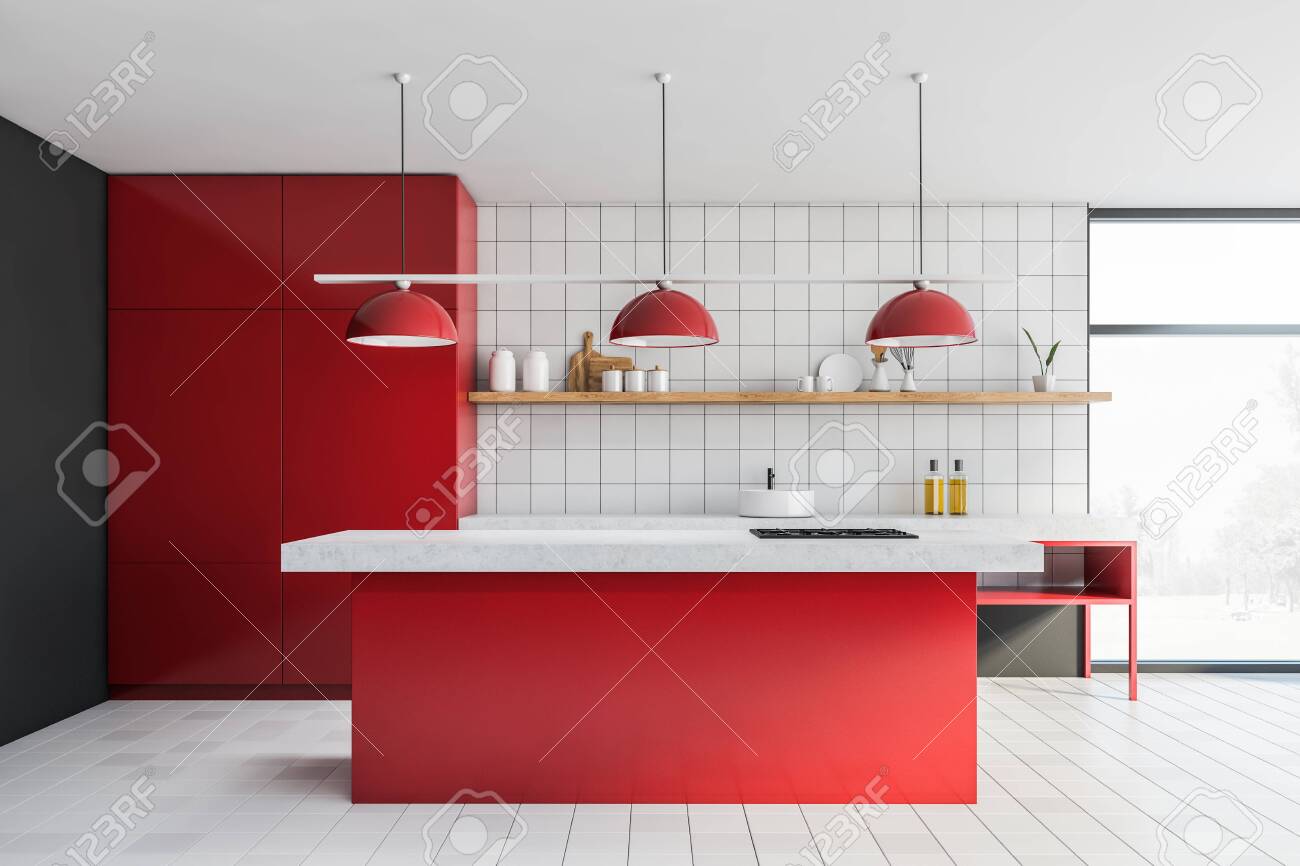 Front View Of Modern Kitchen With White Tiled Walls And Floor Bright Red Cupboard And Island And Stone Countertops With Sink Window With Blurry Scenery 3d Rendering Stock Photo Picture And Royalty
