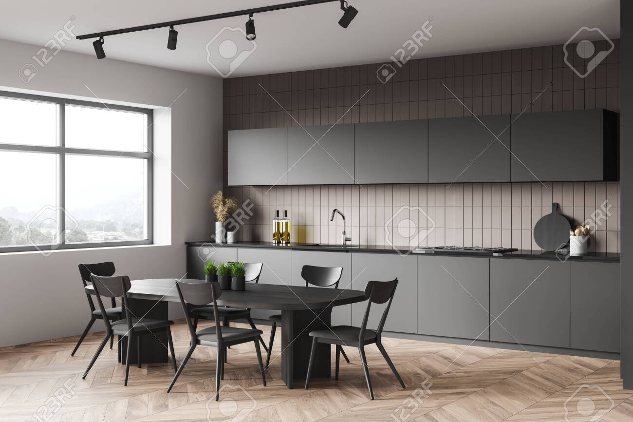 Corner Of Modern Kitchen With White And Beige Tile Walls Wooden Floor Gray Countertops And Cupboards And Dining Table 3d Rendering Fotos Retratos Imagenes Y Fotografia De Archivo Libres De Derecho Image