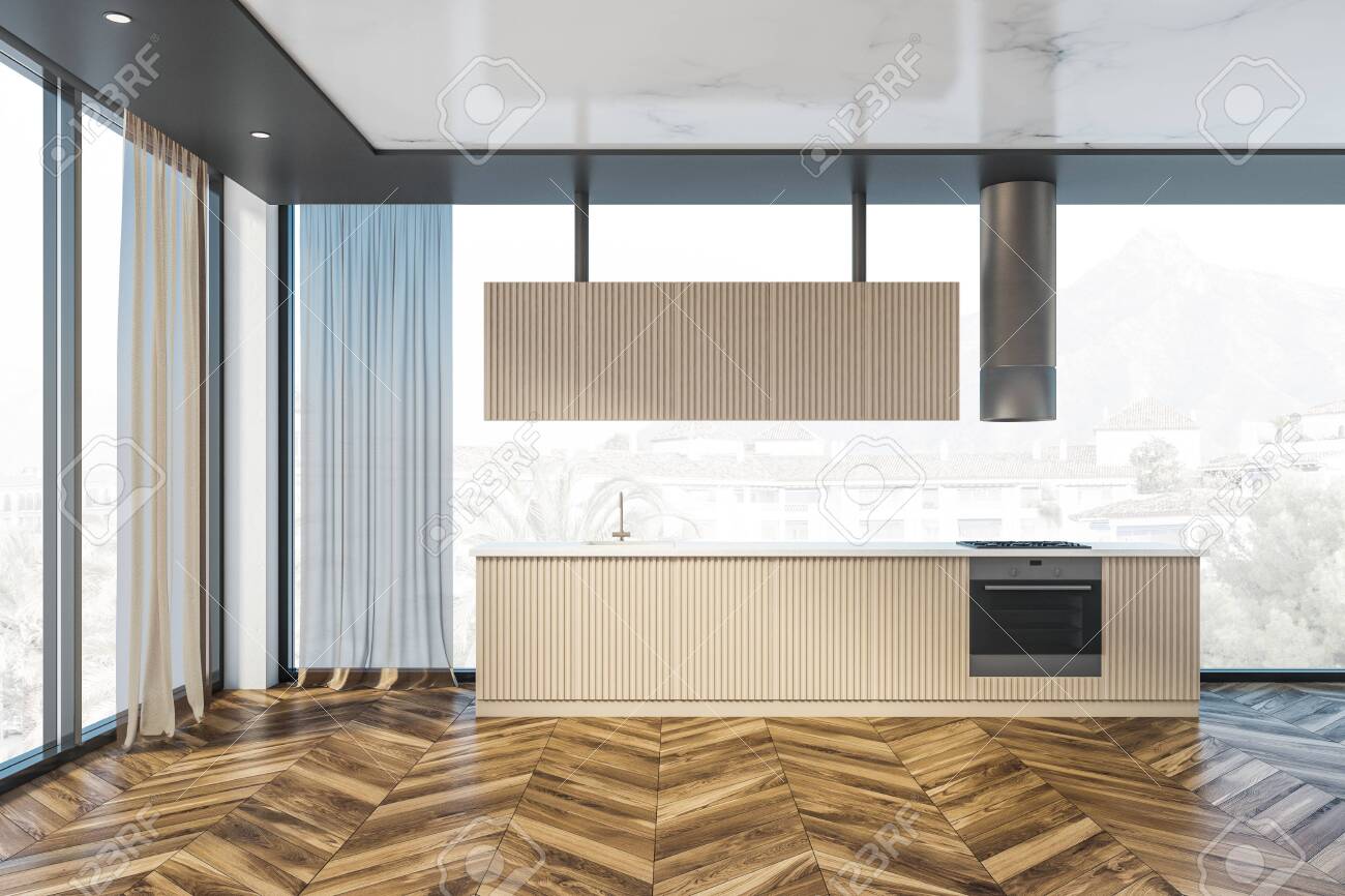 Interior Of Panoramic Kitchen With Gray Walls Wooden Floor Stock Photo Picture And Royalty Free Image Image 149824960