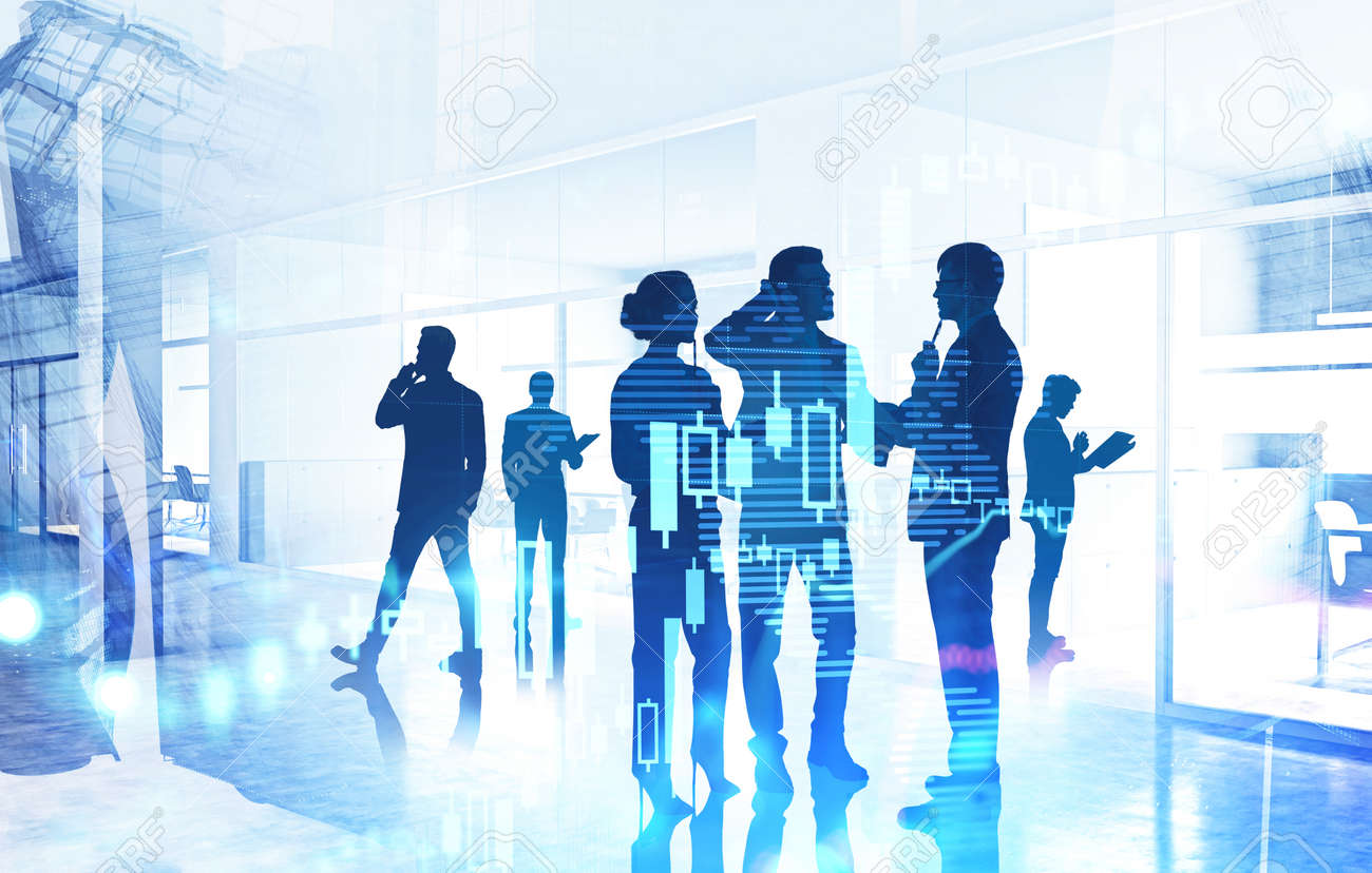 Silhouettes of business people working together in blurry office with double exposure of digital graph. Toned image double exposure - 153466049 Silhouettes of business people working together in blurry office with double exposure of digital graph. Toned image double exposure - 153466049
