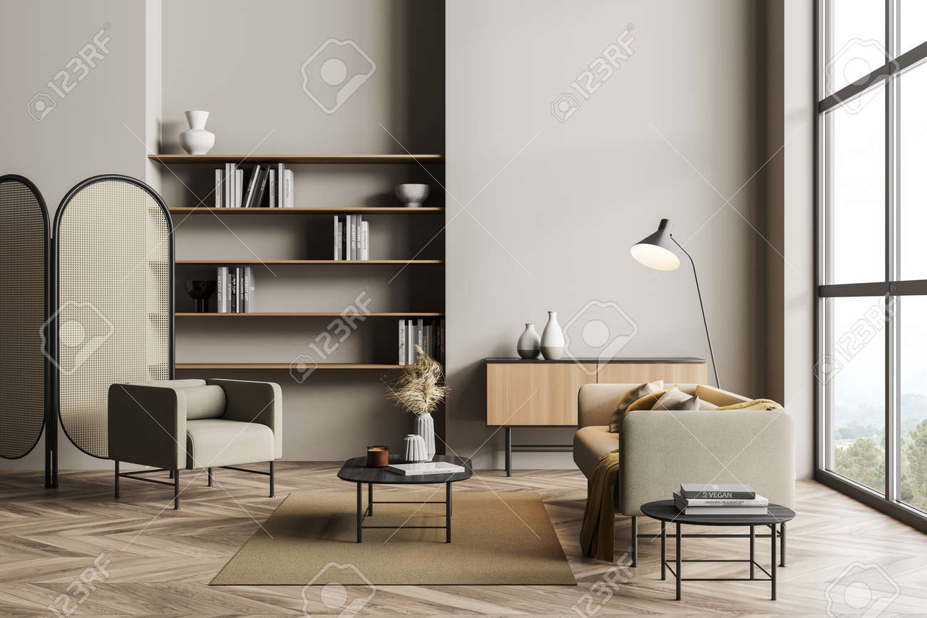 アームチェアとランプ付きソファ、装飾付きの本棚ラックと引き出し