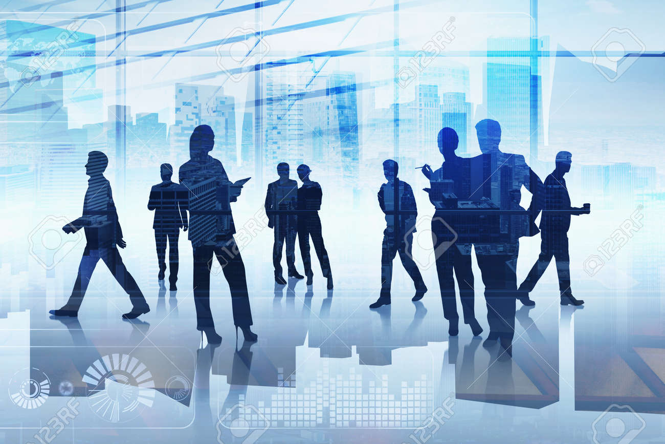 Group of business people working together over digital interface. Concept of teamwork, cooperation and network in international hi tech business. Office with New York panoramic cityscape - 169252563 Group of business people working together over digital interface. Concept of teamwork, cooperation and network in international hi tech business. Office with New York panoramic cityscape - 169252563