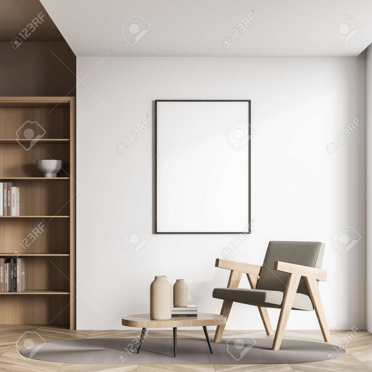 Empty Frame In The Seating Area Interior With A Single Armchair. Living  Room Design, Using A White Wall, A Coffee Table, A Rug And A Parquet Floor.  Mock Up. A Concept Of, image size:1300x1300
