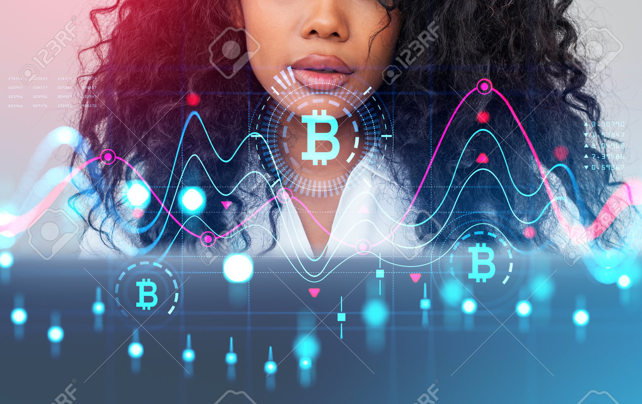 Black Businesswoman Using Laptop, Cryptocurrency Analysis, Dynamics Double  Exposure. Glowing Bitcoin Icon And Financial Data. Concept Of Internet  Banking Stock Photo, Picture and Royalty Free Image. Image 196351006.