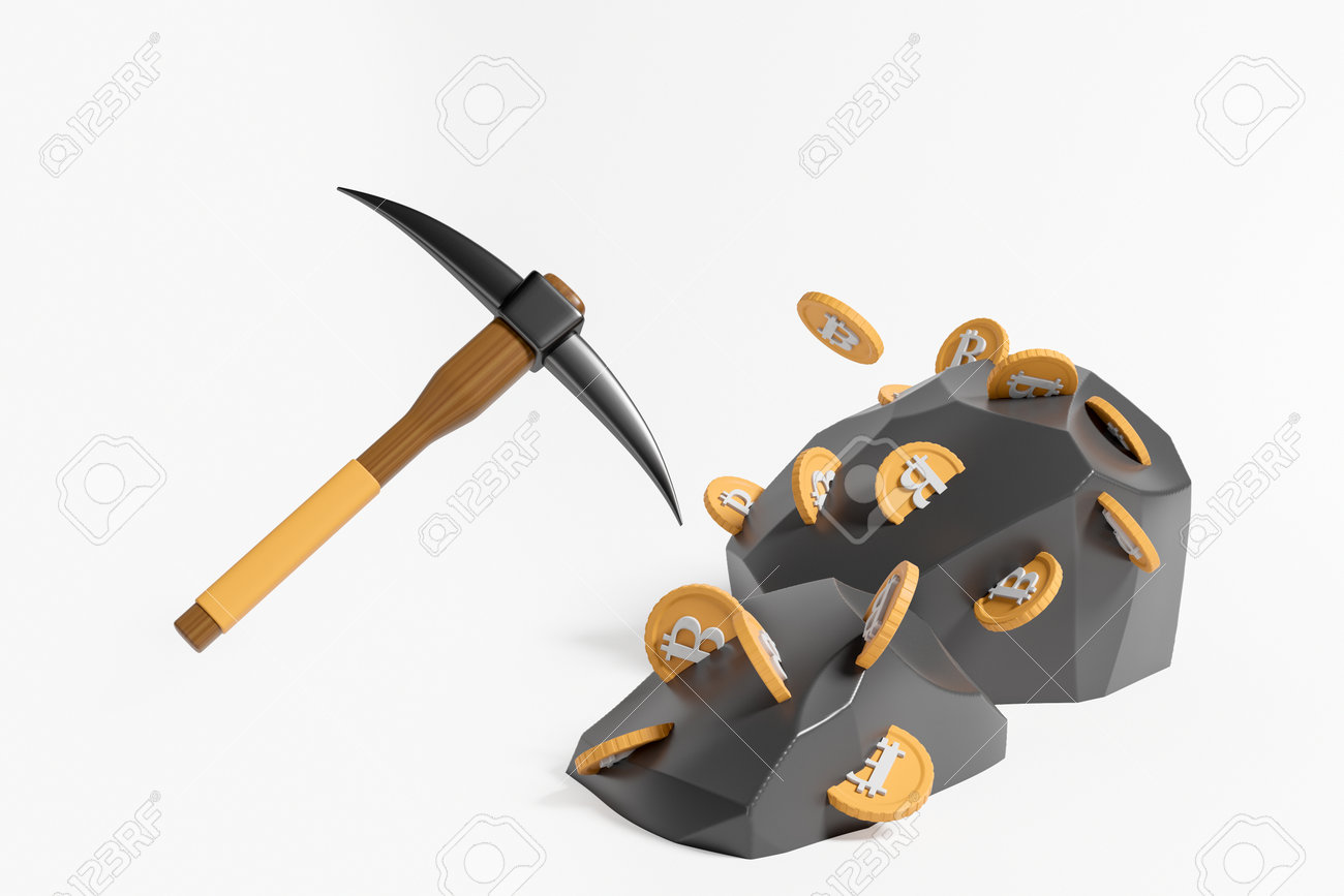 Pickaxe Breaking Stone With Golden Bitcoins On White Background. Concept Of  Mining. 3D Rendering Stock Photo, Picture and Royalty Free Image. Image  198912759.